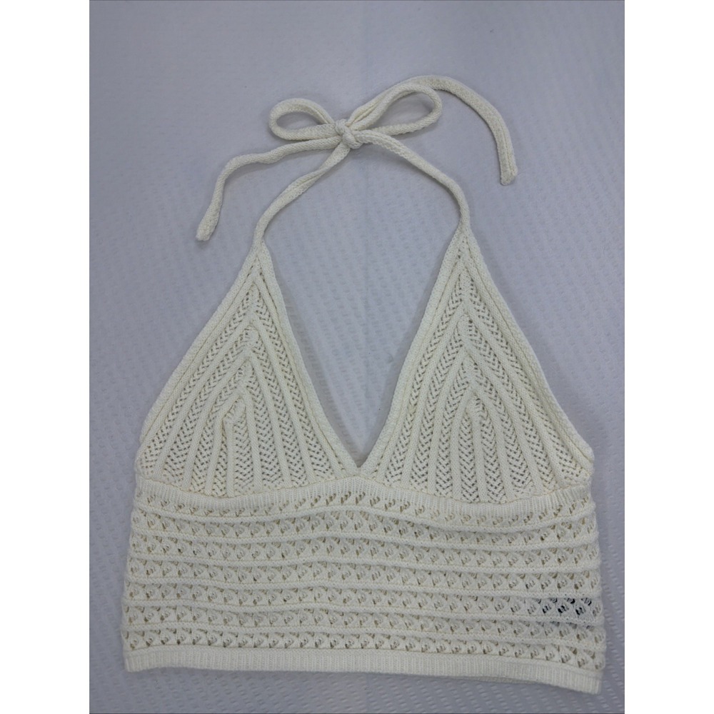 Crochet Halter Crop Top Earthy Festival Hippie Large Oatmeal Beige Boho